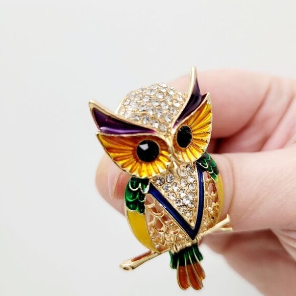 Brand New 2 In 1 Yellow & Green Owl Gold Tone Rhinestone Brooch Pin & Pendant - Picture 8 of 8